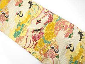 アンティーク　群鶴に桧扇・菊・梅模様織り出し丸帯（着用可）